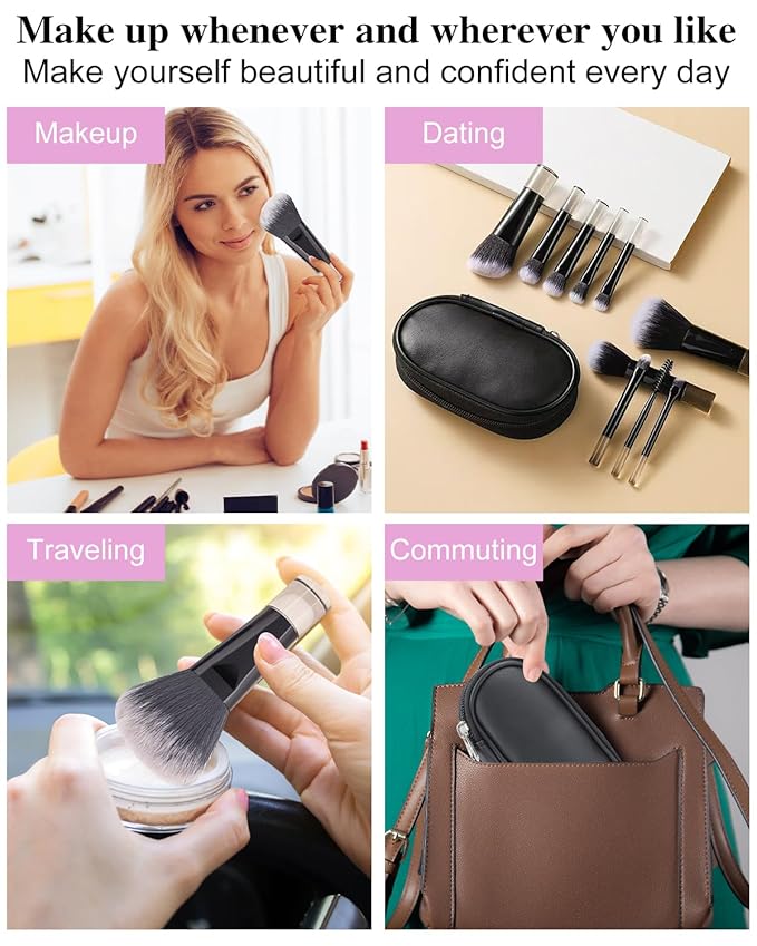 PGRODE Mini Travel Makeup Brushes Portable Set, 14 Pieces, Full Complete Function Cosmetic Kit with Brush Pouch, On the Go Short Makeup Brush Small Travel Essentials for Women, Girls (Black)