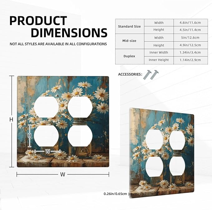 Delicate White Daisy Jars Retro Wood Background Outlet Covers 2 Gang Double Duplex Decorative Light Switch Covers Electrical Wallplates Socket Faceplate for Farmhouse Home Decor