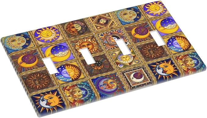 Mexican Talavera Tiles Star Pattern Celestials Theme Print Light Switch Covers Quad Toggle Electrical Faceplate 4 Gang Wall Plate Decorative Switch Plates for Kitchen Home Decor