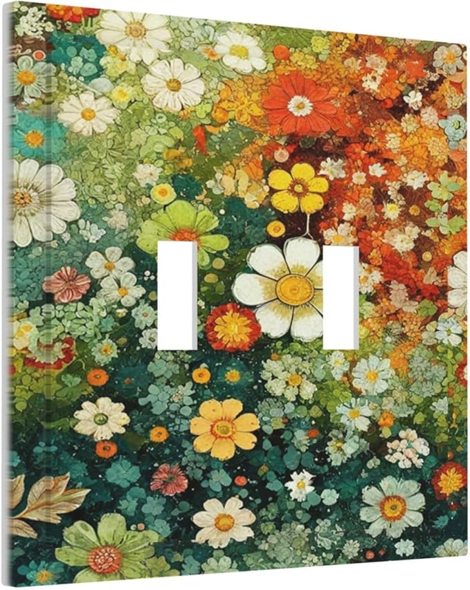 Light Switch Cover Plate Colorful Flowers Green Plants Meadow Floral 2 Gang Double Toggle Decorative Switch Plates Wall Plates Electrical Faceplate for Bathroom Bedroom Decor