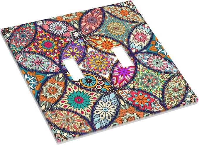 Boho Floral Pretty Colorful Mandala Flowers Decorative Switch Plates 2 Gang Double Toggle Outlet Light Switch Cover Wall Plate Electrical Faceplate for Bedroom Living Room Decor