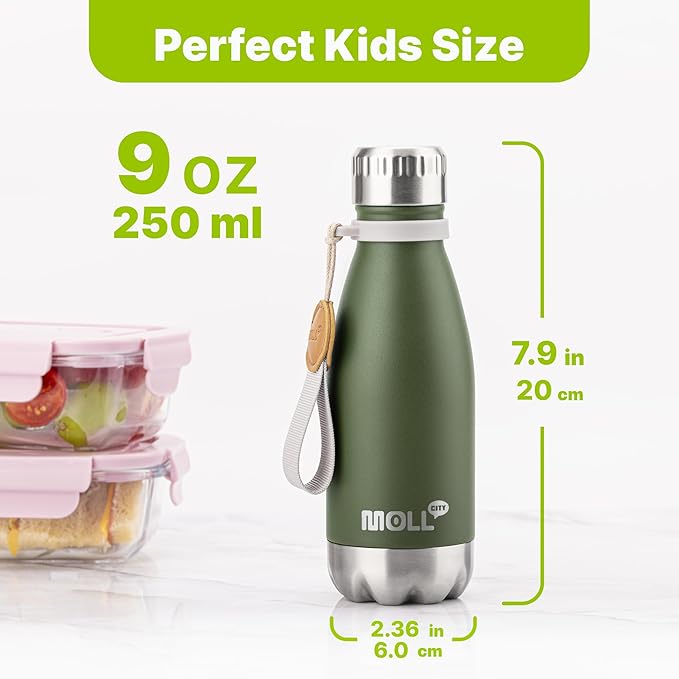 Kids Water Bottle-9 oz Stainless Steel Vacuum Insulated Waters Bottle for Kids for School, Leak Proof Cola Shape Travel Small Water Bottle for Boys (Grass Green-Navy)