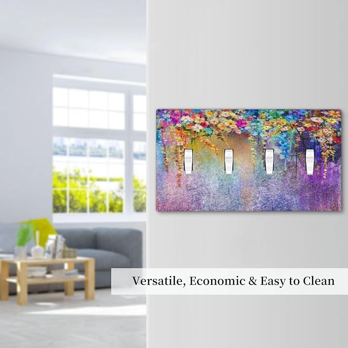 Colorful Floral Watercolor Flower Quad Toggle Light Switch Cover Decorative Purple Garden 4 Gang Wall Plate Electrical Faceplate Switchplate for Farmhouse Bathroom Bedroom Living Room Decor