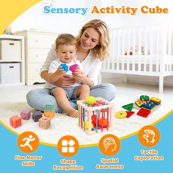 Montessori Toys for Toddlers 1-3, 7-in-1 Educational Activity Toy Set with Soft Cloth Book, Stacking Blocks & Learning Toys, Birthday Gifts for Boys Girls