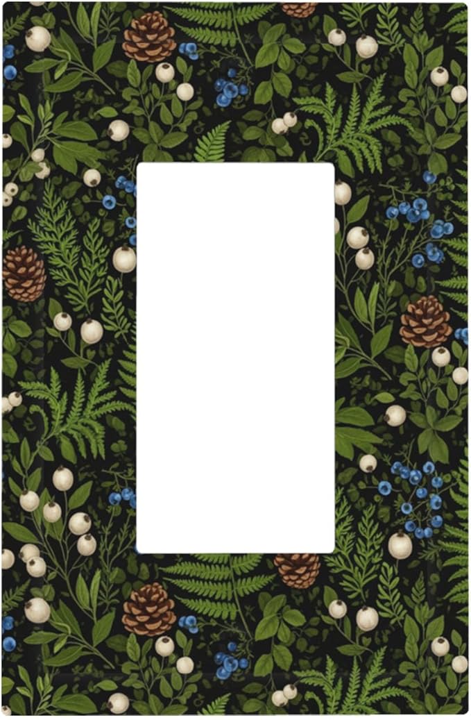 Mystical Forest Floor Single Rocker Switch Cover - 1-Gang Standard US Size Dark Botanical Fern & Berry Light Switch Covers, Cottagecore Woodland for Farmhouse Home Decor