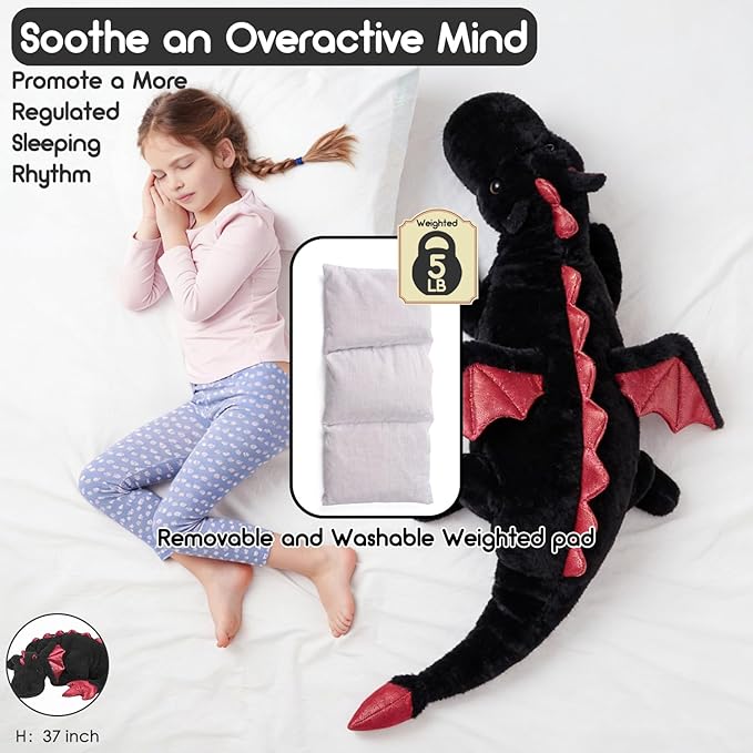 ARELUX Giant Weighted Winged Dragon Plush Toy - 35.4" 5lbs Soft Stuffed Animal for Comfort, Pterosaur Plushie Fuzzy Dinosaur Pillow Plushies Cuddly Removable and Washable Black