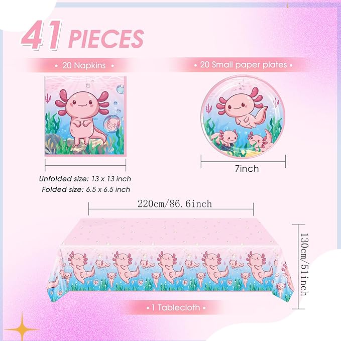 41Pcs Pink Axolotl Birthday Party Supplies Reptile Animals Theme Tableware Set Cartoon Axolotl Party Disposable Plates,Napkin,Tablecloth丨Baby Shower Boys Girls Birthday Decorations Supplies,Serves 20