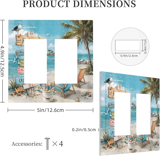 Ocean Beach Tropical Palm Tree Coastal Seaside Decorative Outlet Covers 2 Gang Double GFCI Rocker Electrical Wall Panels Light Switch Cover Plate for Kids Room Living Room Decor