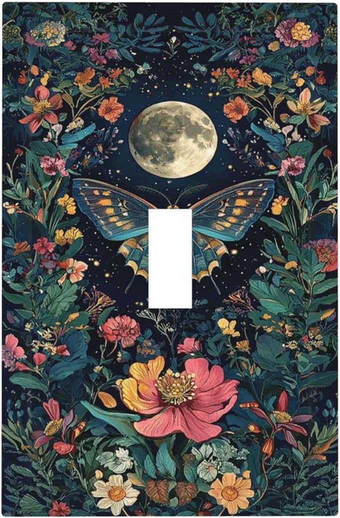 Decorative Light Switch Cover Plate Bohemian Moon Butterfly Floral 1 Gang Single Toggle Wall Plate Electrical Outlet Covers Decorate Switch Plate Cover for Bedroom Cabin Decor