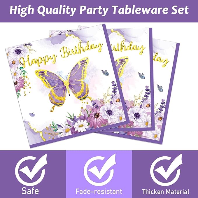 ZOIIWA 96 PCS Purple Butterfly Birthday Party Tableware Set - Butterfly Themed Party Decorations, Plates, Napkins, Forks for Girls, Women, Baby Shower Favors