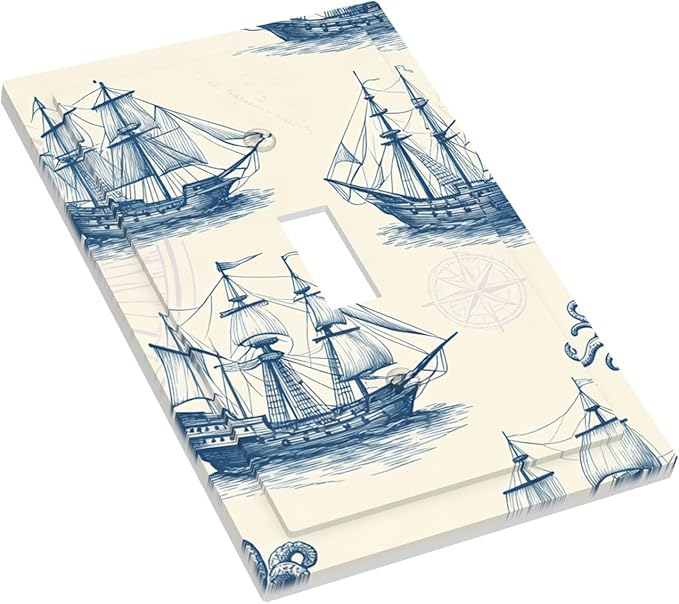 Vintage Nautical Ships 1-Gang Toggle Light Switch Plate, Old World Sailing Vessels Blueprint Design Decorative Wall Plate for Beach House Decor