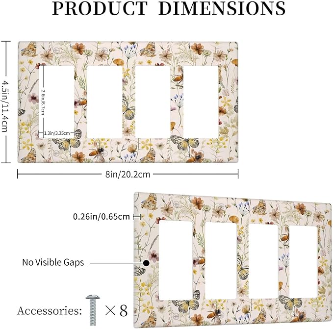 Vintage Butterflies Quad Rocker Decora Wall Plate Decorative Colorful Wildflower 4 Gang Light Switch Cover Cute Bees GFCI Electrical Outlet Switchplate Beige Flower Leaves Dimmer Decor for Bedroom