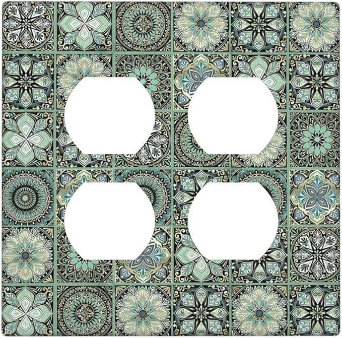 Moroccan Mandala Tile Floral Talavera Tiles Outlet Covers 2 Gang Double Duplex Decorative Light Switch Covers Electrical Wallplates Socket Faceplate for Bathroom Kitchen Decor