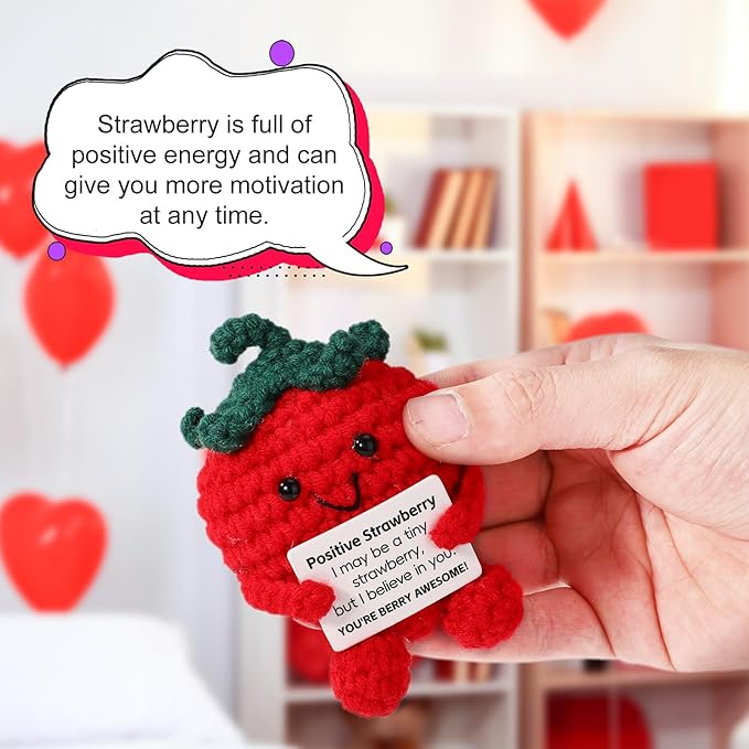 TOYMIS Cute Positive Strawberry, Crochet Strawberry Emotional Doll Support Fruit Knitted for Empowering Gift Home Office Decoration (Red)