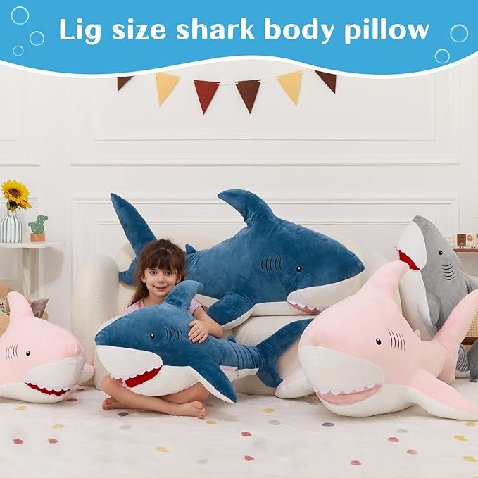 MorisMos 39inch Giant Shark Stuffed Animal, Large Stuffed Shark Plush Toys Pillow Gift for Kids Girlfriend, Blue