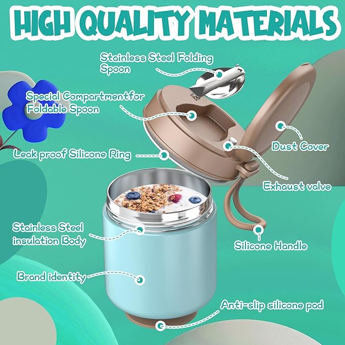 Thermo for Hot Food Kids - 15.2oz, Leak Proof Insulated Food Jar, Soup Thermo, Insulated Lunch Containers, Termos Para Comida Caliente, Wide Mouth Lunch Box with Folding Spoon and Handle
