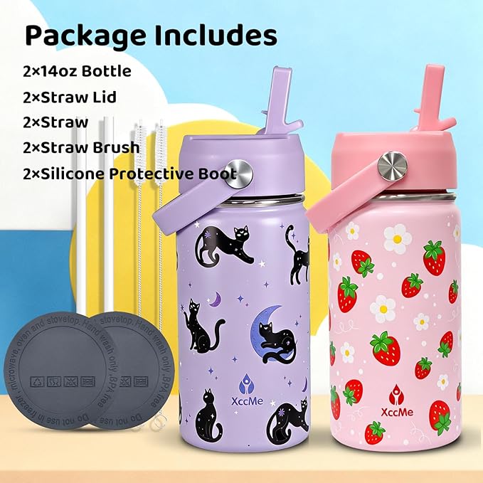 2Pack Truck Kids Water Bottle With Straw Lid,14oz Insulated Double Wall Leak Proof & BPA-Free Kids Water Bottle,Stainless Steel Tumbler for Toddlers,Metal Bottle for School Boys Girls