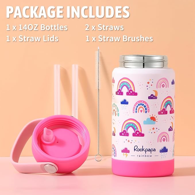rockpapa 14 oz Kids Insulated Water Bottle，Stainless Steel Toddler Cups with Straws, BPA Free, Leak-Proof, Kids Water Bottle for School Boys& Girls (White Rainbow)
