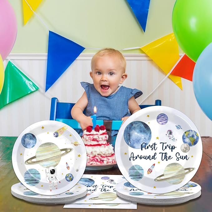 96 PCS First Trip Around The Sun Birthday Party Decorations Outer Space Themed Decorations 1st Space Birthday Dinner Paper Plates Boho Solar System Napkins Forks Sun Theme Party Favors Supplies