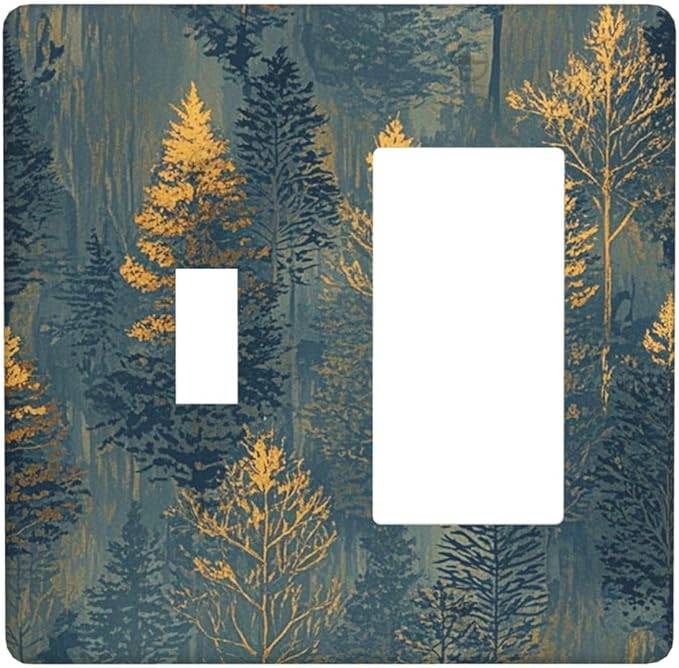 Decorative Toggle Switch Cover Plate with Golden Trees & Abstract Gradient Forest Landscape Design 2-Gang 1-Gang Standard Wall Plate Light Switch Cover for Blue Retro Home Decor