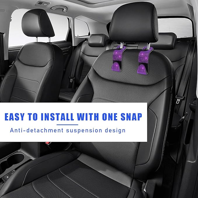 Ohleats 2 PCS Bling Car Seat Headrest Hooks, Crystal Rhinestone Back Seat Hanging Storage Organizer, Vehicle Seat Hanger Holder for Purse Handbag Coat, Interior Car Accessories (Purple)