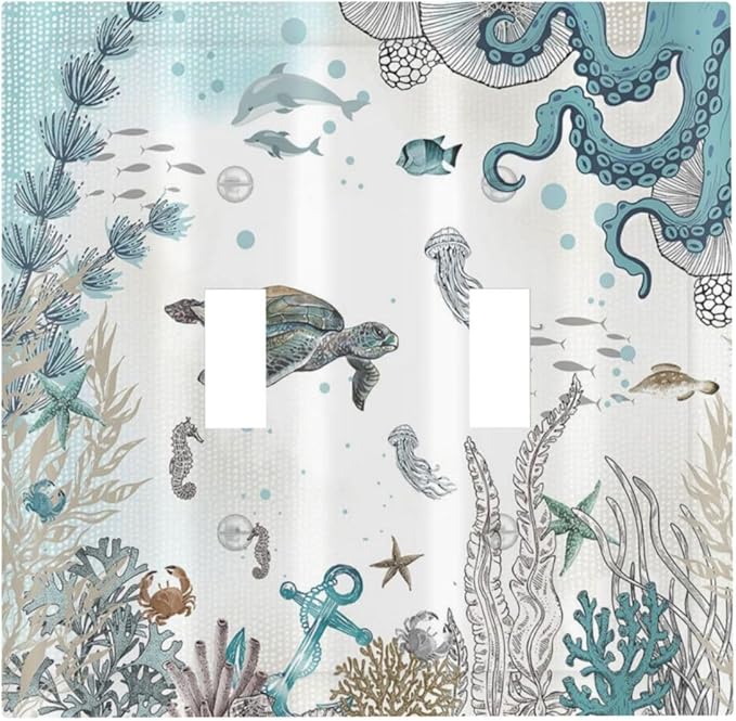 Sea Turtle Octopus Ocean Underwater Animal Double Toggle Light Switch Covers Decorative Unique 2 Gang Wall Plate Dual Electrical Faceplate Switchplate for Kitchen Bathroom Bedroom Decor