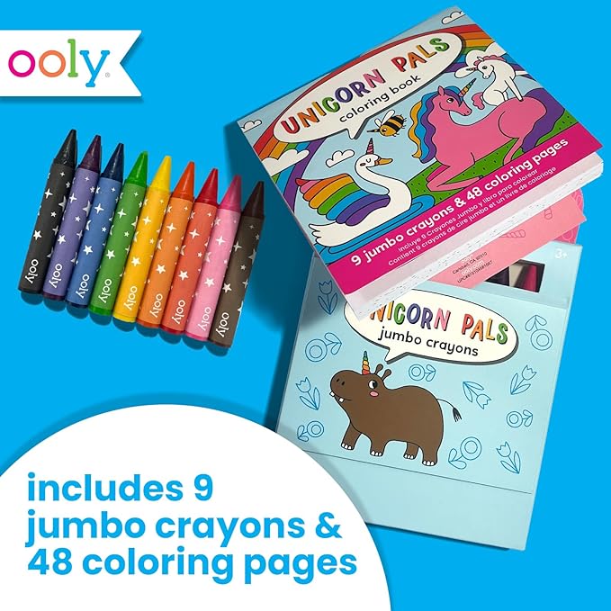 Ooly Travel Art Kit with 9 Jumbo Crayons & 48 Themed Coloring Pages & Case for Easy Traveling Art Creation, Perfect Airplane & Road Trip Activities for Kids - Unicorn Pals