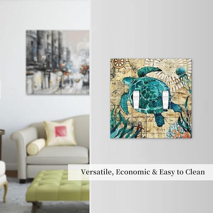 Sea Blue Turtle Beach Theme Nautical Ocean Cute Teal World Map Tortoise Coastal 2 Gang Double Toggle Outlet Light Switch Wall Plate Outlet Cover Electrical Faceplate Switchplate Kids Bedroom Decor
