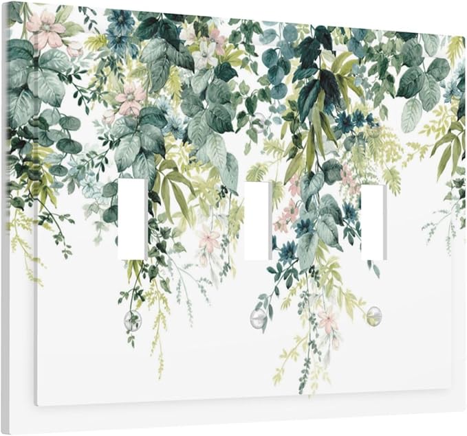 Colorful Plant Flower Sage Eucalyptus Leaves Decorative Switch Plates 3 Gang Wall Plate Triple Toggle Light Switch Cover Faceplate Electrical Wall Panels for Bedroom Living Room Decor