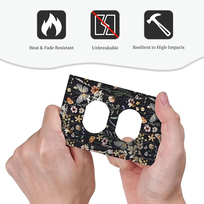 Vintage Flower Leaves 1 Gang Outlet Plate Duplex Decorative Dark Backgrounds Art Outlet Covers Butterfly Electrical Receptacle Lightswitch Faceplate Cute Bees Dimmer Decor for Bedroom Kitchen