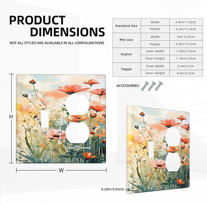 Vintage Red Orange Yellow Poppy Floral Flowers Wallplates 1 Toggle 1 Duplex Switch Plate Electrical GFCI Faceplate Decorative Light Switch Covers for Bedroom Living Room Decor