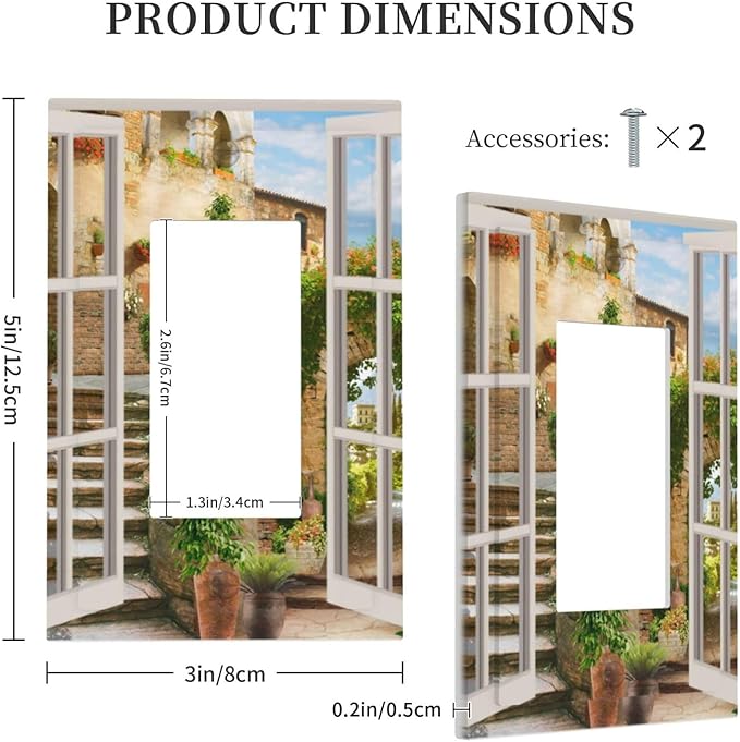 Mediterranean Greece Scene Flowers 1 Gang Light Switch Cover Single Rocker/Gfci Device Decorative Wall Plate Standard Size Receptacle Italian Town from Another Window Outlet Cover Plates Art Decor