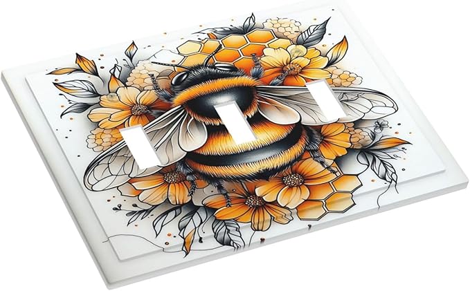Decorative Switch Plates Bee Honeycomb Flowers Plant Leaves 3 Gang Wall Plate Triple Toggle Light Switch Cover Faceplate Electrical Wall Panels For Nursery Kids Room Decor