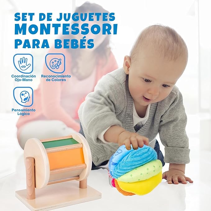 Montessori Baby Toys Play Kit Montessori Mirror Peekaboo Knob Puzzle, Medium Spinning Drum and Rainbow Fabric Ball Kit Toys for6-12Months Toddlers (Play Kit 3)