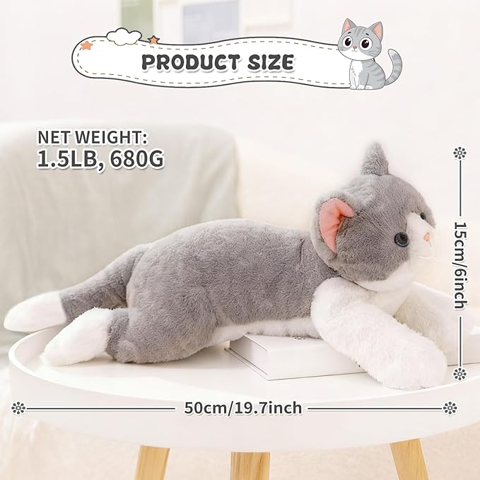 SNOWOLF Microwavable Weighted Stuffed Animals Cat, Heating Pad Plushies Grey Cat, Heated Plush Toy with Himalayan Salt for Warmth & Comfort, Cute Soft Kitten Doll Gift for Boys, Girls, Women, 1.5 LBs