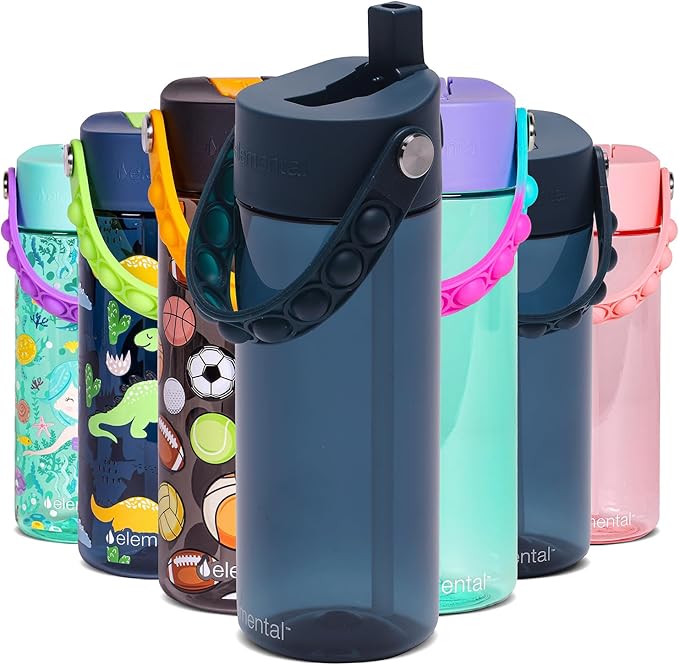 Elemental Water Bottles for Kids - Splash Kids Water Bottle for School with Pop-it Handle - BPA Free Tritan Plastic Water Bottle with Straw Leak Proof when Spout is Closed - Navy Blue - 18oz