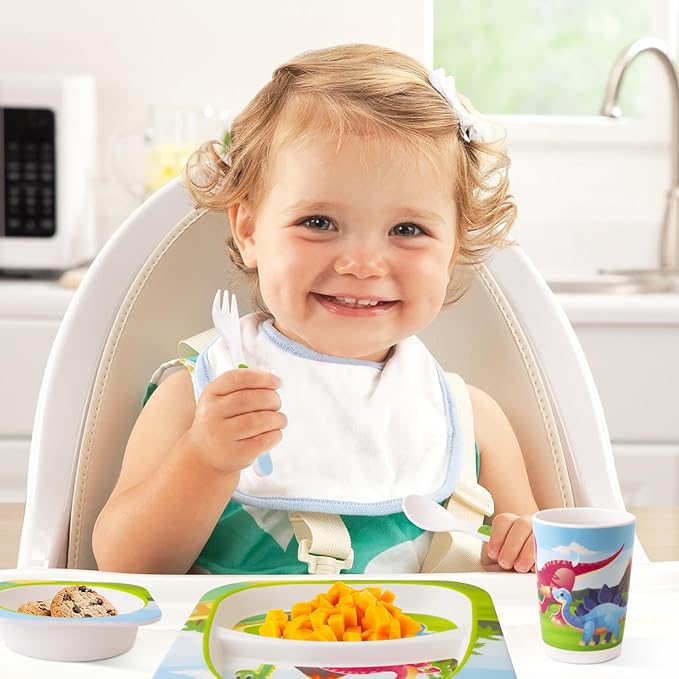 Qshare Bamboo Toddler Dinnerware Set,5Pcs Baby Plates and Bowls,Bamboo Kids Plates and Bowls Set,Kids Dishes Dinnerware Sets with Plate,Bowl,Cup,Fork and Spoon (Tyrannosaurus)