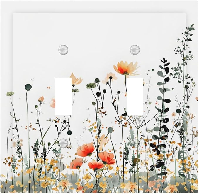 Vintage Country Style Watercolor Leaves Wildflowers Floral Decorative Switch Plates 2 Gang Double Toggle Outlet Light Switch Cover Wall Plate Electrical Faceplate for Bedroom Living Room Decor
