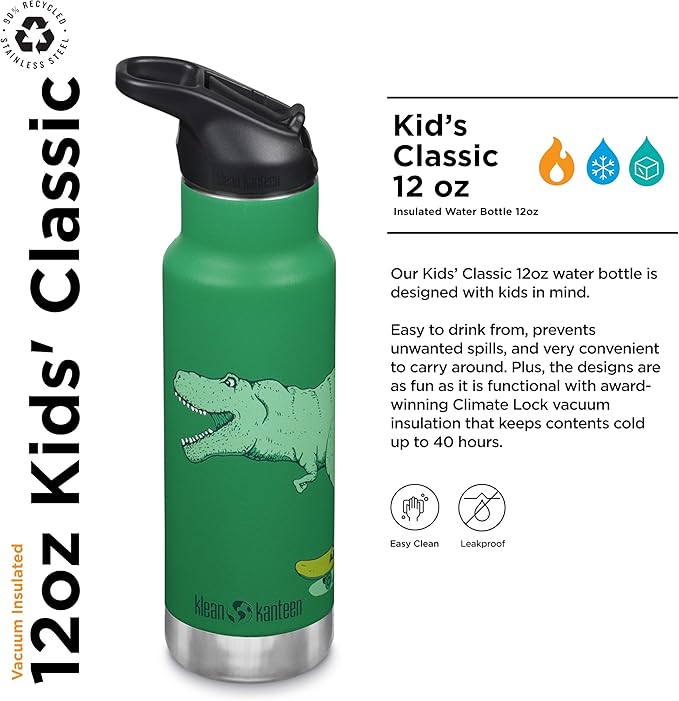 Klean Kanteen 12 oz Classic Kid's Insulated Water Bottle with Flip Seal Sport Cap - 100% Leakproof Cap - BPA-Free - Stainless Steel Material - Dino Skate