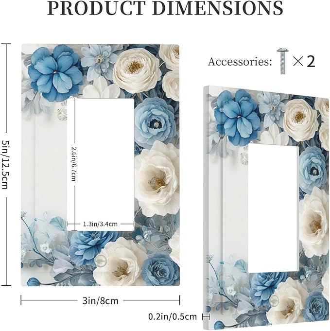 Decorative Outlet Covers Blue Rose White Flowers Rustic Floral 1 Gang Single Decora GFCI Device Light Switch Covers Plate 1 Rocker Wall Plate Jumbo Face Plate for Bedroom Decor