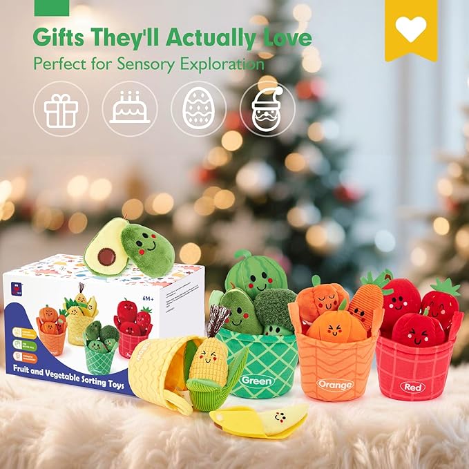 hahaland Baby Sensory Toys - 16 PCS My First Fruit Vegetable Color Sorting Play Food Crinkle, Rattle, Baby Toys 6-12 Months Montessori Toys for 1 Year Old Boy Girl Gifts 6 9 Month Old Toy One Year Old