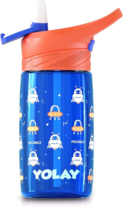 YOLAY 15oz Kids Water Bottle For School Boys and Girls, Durable Toddler Water Bottle with Straw Lid Leak-Proof, Spill Proof, Easy Clean and Dishwasher Safe with Re-Usable and BPA Free - Robo