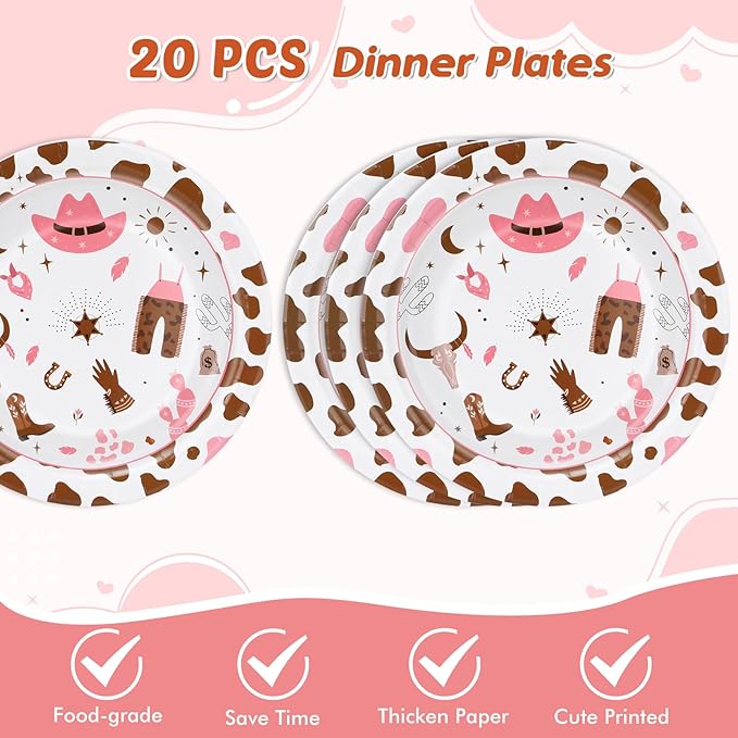 62Pcs Cowgirl Party Decorations Pink Western Cowgirl Party Supplies, 20 9'' Plates 20 7'' Plates 20 Napkins and 2 Cowgirl Tablecloth for Wild West Cowgirl Theme Birthday Party Baby Shower Dinnerware