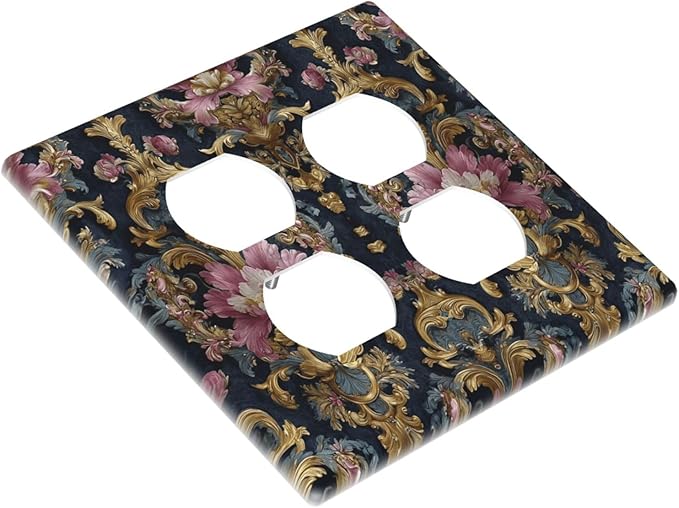 Decorative Outlet Covers Rococo Pink Floral Flower Gold Leaf 2 Gang Light Switch Cover Plate Double Duplex Wall Plates for Electrical Outlets Switch Plate Covers for Bedroom Home Decor