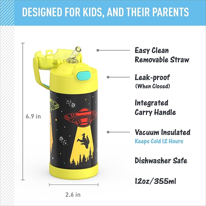 THERMOS FUNTAINER Water Bottle with Straw - 12 Ounce - Kids Stainless Steel Vacuum Insulated Water Bottle with Lid, Out Of This World