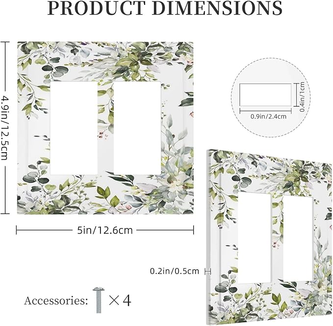 Eucalyptus Sage Green Leaf Plant Floral Decorative Outlet Covers 2 Gang Double GFCI Rocker Electrical Wall Panels Light Switch Cover Plate for Bedroom Living Room Decor