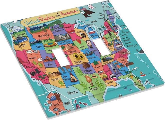 Kids Map of The United States 2 Gang Double Toggle Light Switch Cover Decorative Cartoon Fun Facts Geography USA Map Wall Plate Faceplate Turquoise Red Kids Boys Girls Bathroom Home Living Room Decor
