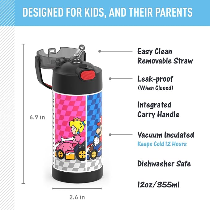 THERMOS FUNTAINER Water Bottle with Straw - 12 Ounce - Kids Stainless Steel Vacuum Insulated Water Bottle with Lid, Super Mario Brothers