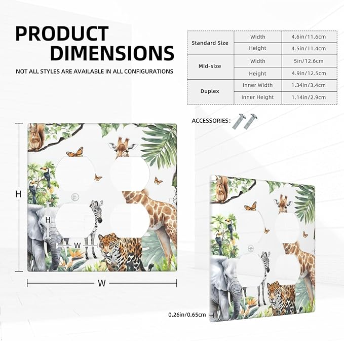 Elephant Giraffe Jungle Animals Leopard Zoo Outlet Covers 2 Gang Double Duplex Decorative Light Switch Covers Electrical Wallplates Socket Faceplate for Kids Room Nursery Decor