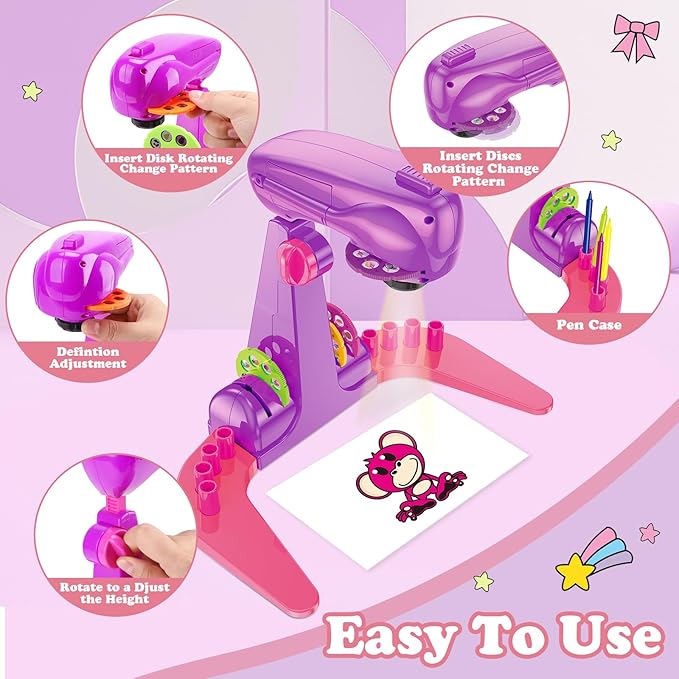 Hoarosall Drawing Projector for Kids, Art and Craft Kit, Toys for Girls Aged 3+, Drawing Supplies, Including Colored Pencils, Crayons, Coloring Books, Gift for 3+ Year Old Girls (Purple)